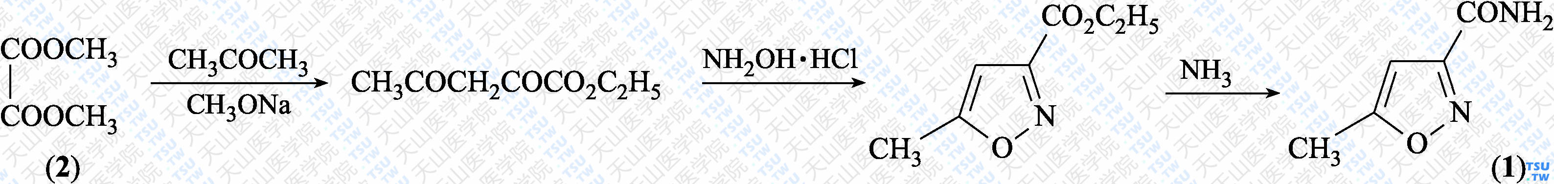 5-甲基异噁唑-3-甲酰胺（分子式：C<sub>5</sub>H<sub>6</sub>N<sub>2</sub>O<sub>2</sub>）的合成方法路线及其结构式