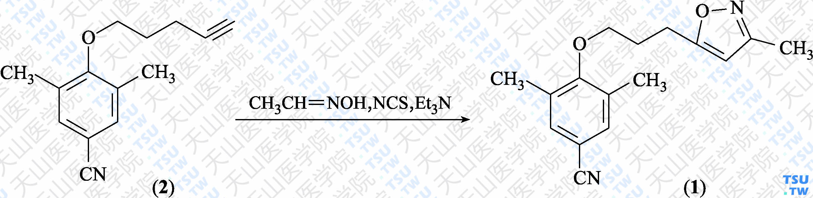 3，5-二甲基-4-[3-（3-甲基异噁唑-5-基）丙氧基]苯甲腈（分子式：C<sub>16</sub>H<sub>18</sub>N<sub>2</sub>O<sub>2</sub>）的合成方法路线及其结构式