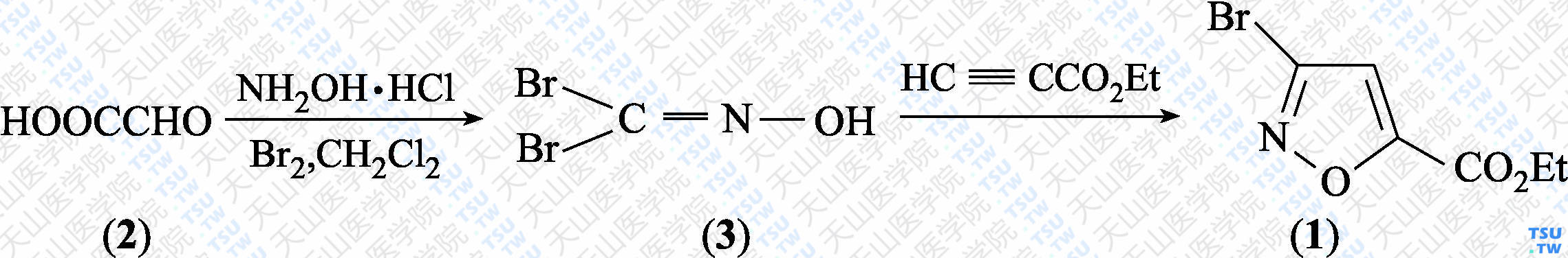 3-溴-5-异噁唑甲酸乙酯（分子式：C<sub>6</sub>H<sub>6</sub>BrNO<sub>3</sub>）的合成方法路线及其结构式