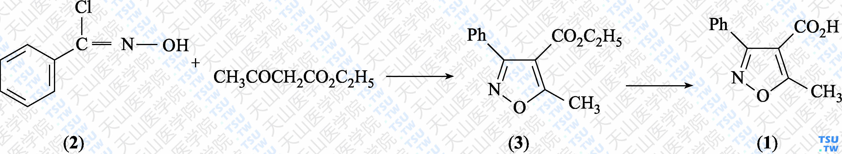 5-甲基-3-苯基异噁唑-4-羧酸（分子式：C<sub>11</sub>H<sub>9</sub>NO<sub>3</sub>）的合成方法路线及其结构式