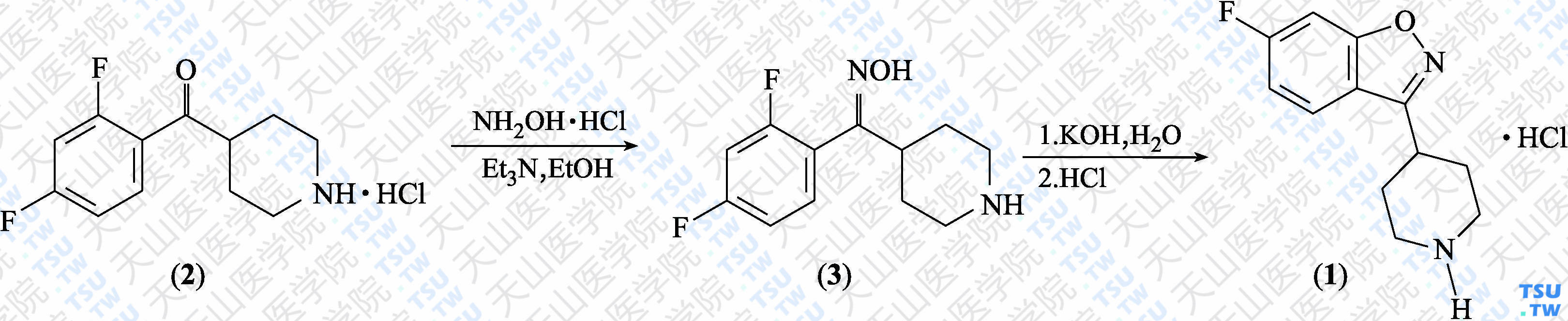 6-氟-3-（4-哌啶基）-1，2-苯并异噁唑盐酸盐（分子式：C<sub>12</sub>H<sub>13</sub>N<sub>2</sub>OF·HCl）的合成方法路线及其结构式