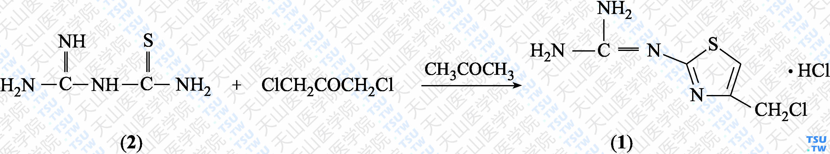 2-胍基-4-氯甲基噻唑盐酸盐（分子式：C<sub>5</sub>H<sub>7</sub>ClN<sub>4</sub>S·HCl）的合成方法路线及其结构式