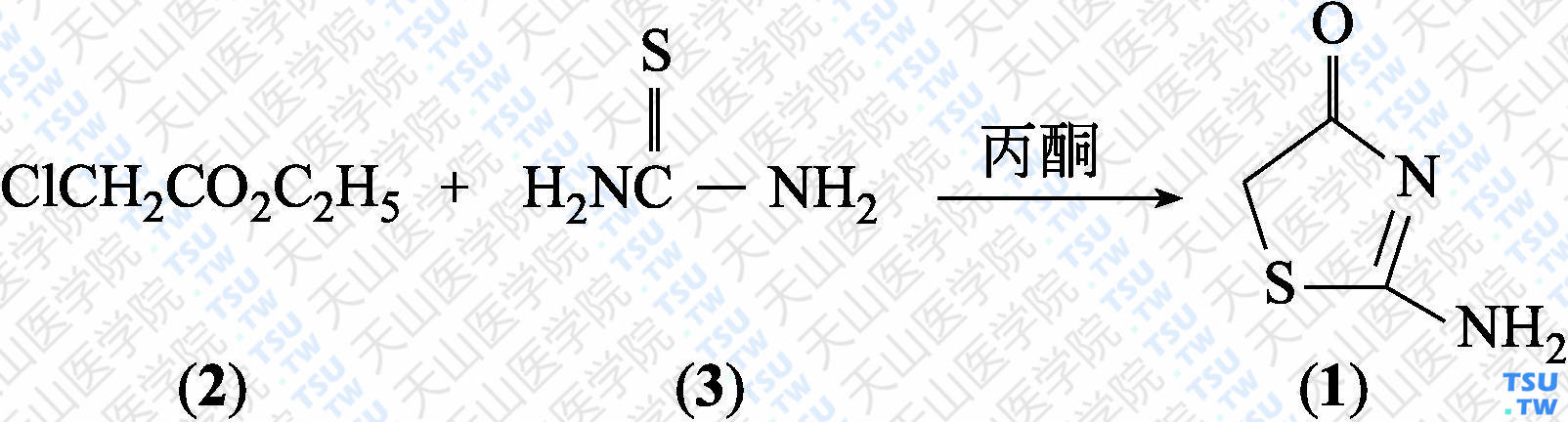 2-氨基噻唑啉-4-酮（分子式：C<sub>3</sub>H<sub>4</sub>N<sub>2</sub>OS）的合成方法路线及其结构式