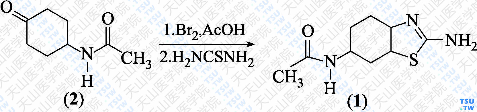 6-乙酰氨基-2-氨基-4，5，6，7-四氢苯并噻唑（分子式：C<sub>9</sub>H<sub>15</sub>N<sub>3</sub>O<sub>S</sub>）的合成方法路线及其结构式