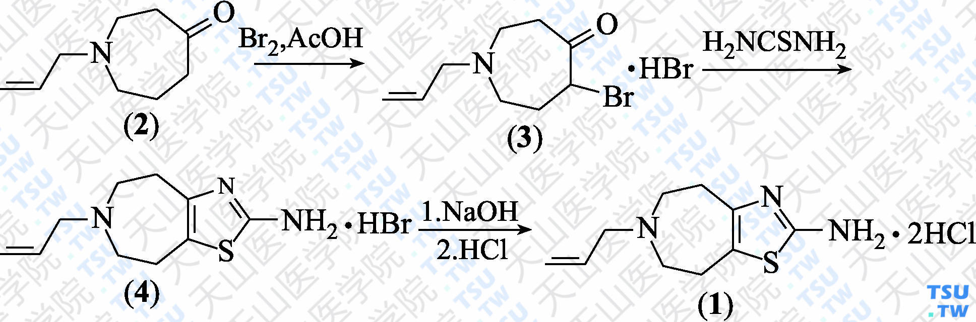 盐酸他利帕索（分子式：C<sub>10</sub>H<sub>15</sub>N<sub>3</sub>S·2HCl）的合成方法路线及其结构式