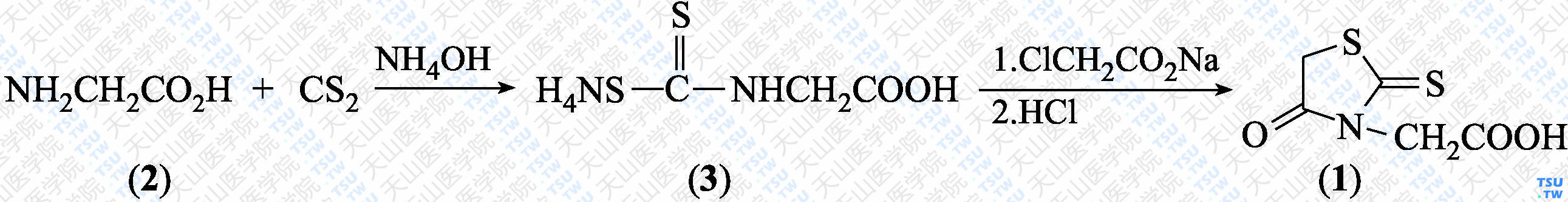 3-羧甲基绕丹宁（分子式：C<sub>5</sub>H<sub>5</sub>NO<sub>3</sub>S<sub>2</sub>）的合成方法路线及其结构式