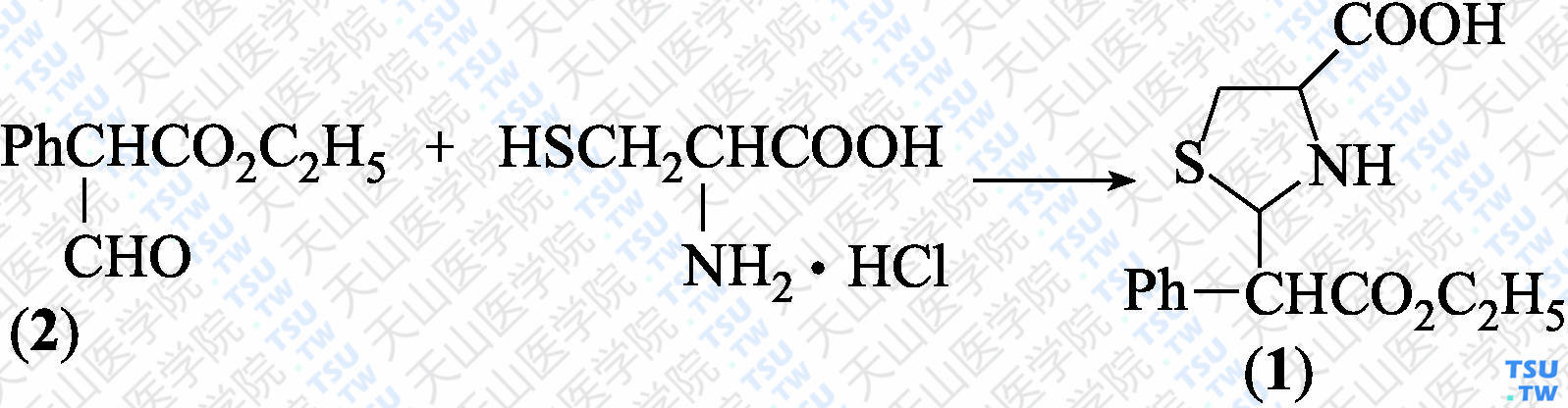 L-2-（2-苯基-2-乙氧羰基甲基）-4-噻唑烷酸（分子式：C<sub>14</sub>H<sub>17</sub>NO<sub>4</sub>S）的合成方法路线及其结构式