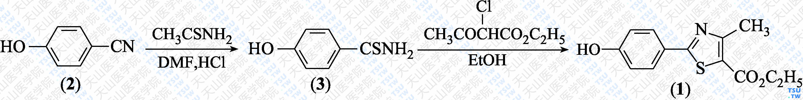 2-（4-羟基苯基）-4-甲基-1，3-噻唑-5-羧酸乙酯（分子式：C<sub>13</sub>H<sub>13</sub>NO<sub>3</sub>S）的合成方法路线及其结构式