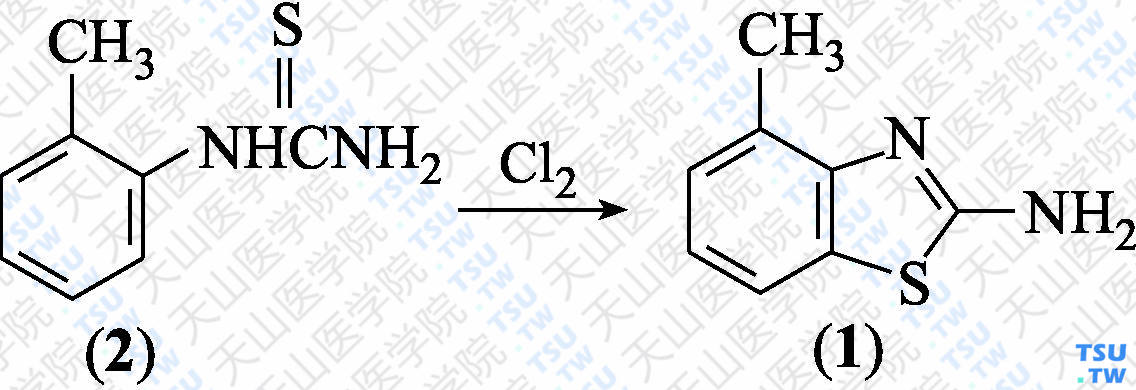 2-氨基-4-甲基苯并噻唑（分子式：C<sub>8</sub>H<sub>8</sub>N<sub>2</sub>S）的合成方法路线及其结构式