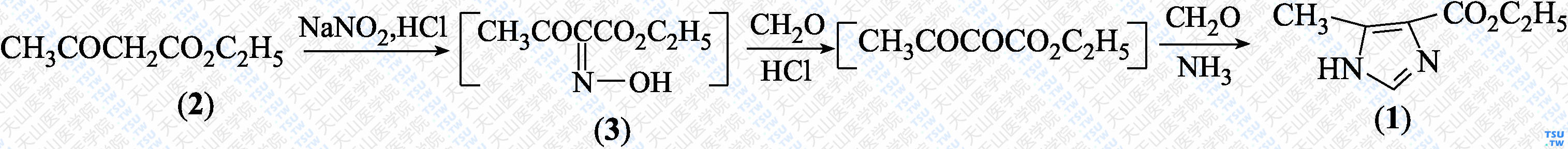 5-甲基-4-咪唑甲酸乙酯（分子式：C<sub>7</sub>H<sub>10</sub>N<sub>2</sub>O<sub>2</sub>）的合成方法路线及其结构式