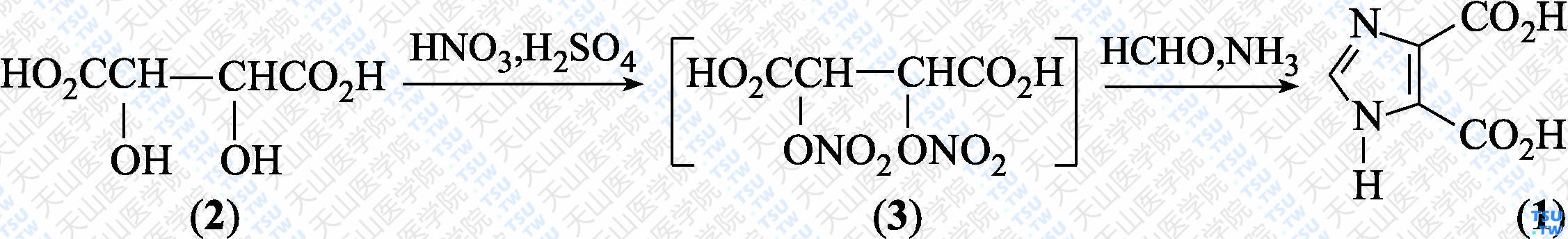 咪唑-4，5-二羧酸（分子式：C<sub>5</sub>H<sub>4</sub>N<sub>2</sub>O<sub>4</sub>）的合成方法路线及其结构式