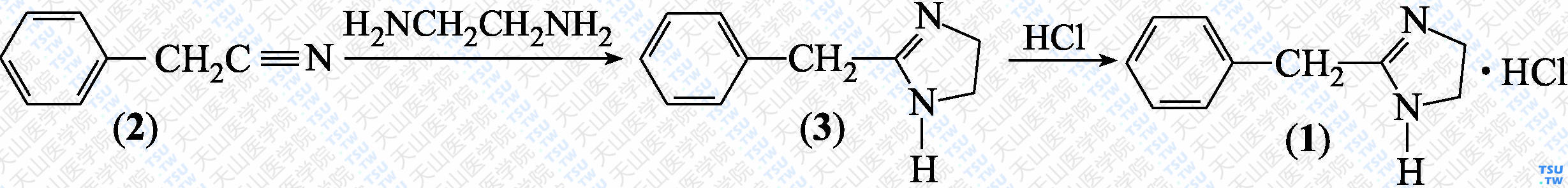 妥拉唑啉（分子式：C<sub>10</sub>H<sub>12</sub>N<sub>2</sub>·HCl）的合成方法路线及其结构式