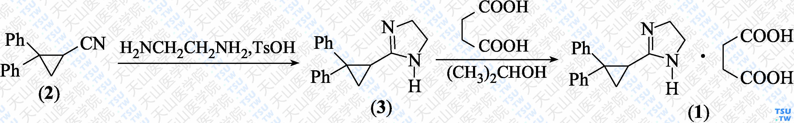 琥珀酸西苯唑啉（分子式：C<sub>18</sub>H<sub>18</sub>N<sub>2</sub>·C<sub>4</sub>H<sub>6</sub>O<sub>4</sub>）的合成方法路线及其结构式