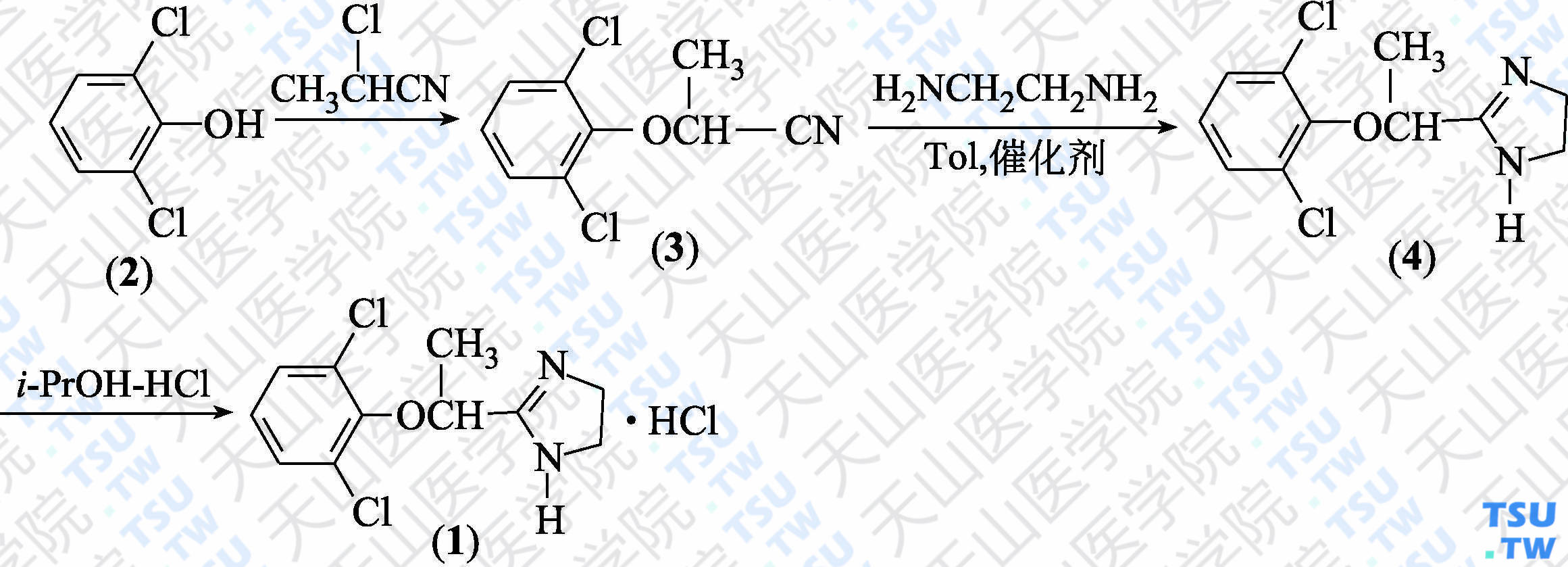 盐酸洛非西定（分子式：C<sub>11</sub>H<sub>12</sub>Cl<sub>2</sub>N<sub>2</sub>O·HCl）的合成方法路线及其结构式