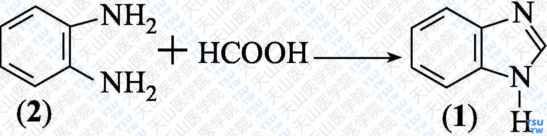 苯并咪唑（分子式：C<sub>7</sub>H<sub>6</sub>N<sub>2</sub>）的合成方法路线及其结构式