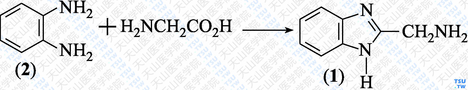 2-氨甲基苯并咪唑（分子式：C<sub>8</sub>H<sub>9</sub>N<sub>3</sub>）的合成方法路线及其结构式