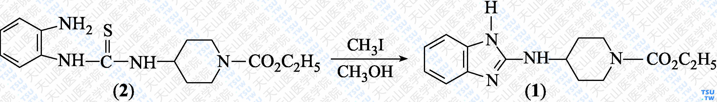 2-（1-乙氧甲酰-4-哌啶基氨基）苯并咪唑（分子式：C<sub>15</sub>H<sub>20</sub>N<sub>4</sub>O<sub>2</sub>）的合成方法路线及其结构式
