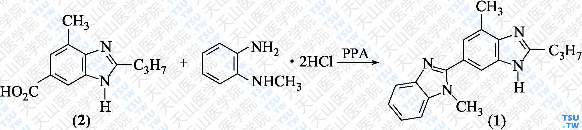 4-甲基-6-（1-甲基-1<i>H</i>-苯并[<i>d</i>]咪唑-2-基）-2-丙基-1<i>H</i>-苯并[<i>d</i>]咪唑（分子式：C<sub>19</sub>H<sub>20</sub>N<sub>4</sub>）的合成方法路线及其结构式