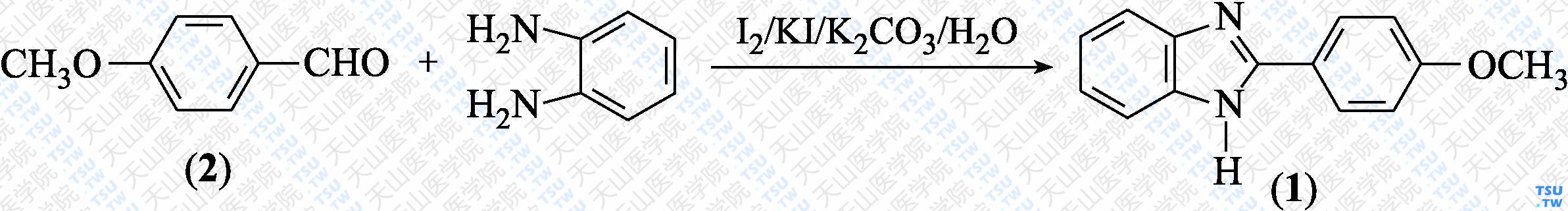 2-对甲氧基苯基-1<i>H</i>-苯并咪唑（分子式：C<sub>14</sub>H<sub>12</sub>N<sub>2</sub>O）的合成方法路线及其结构式