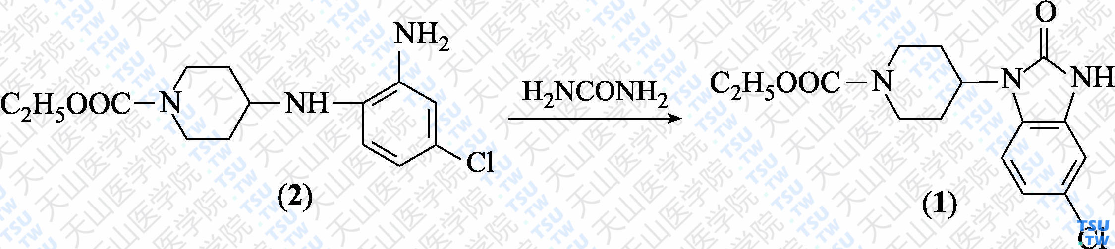 4-（5-氯-2-氧代苯并咪唑基）-1-哌啶甲酸乙酯（分子式：C<sub>15</sub>H<sub>18</sub>ClN<sub>3</sub>O<sub>3</sub>）的合成方法路线及其结构式