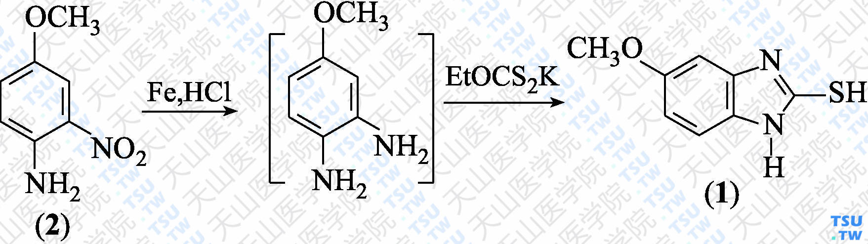 5-甲氧基-2-巯基苯并咪唑（分子式：C<sub>8</sub>H<sub>8</sub>N<sub>2</sub>OS）的合成方法路线及其结构式