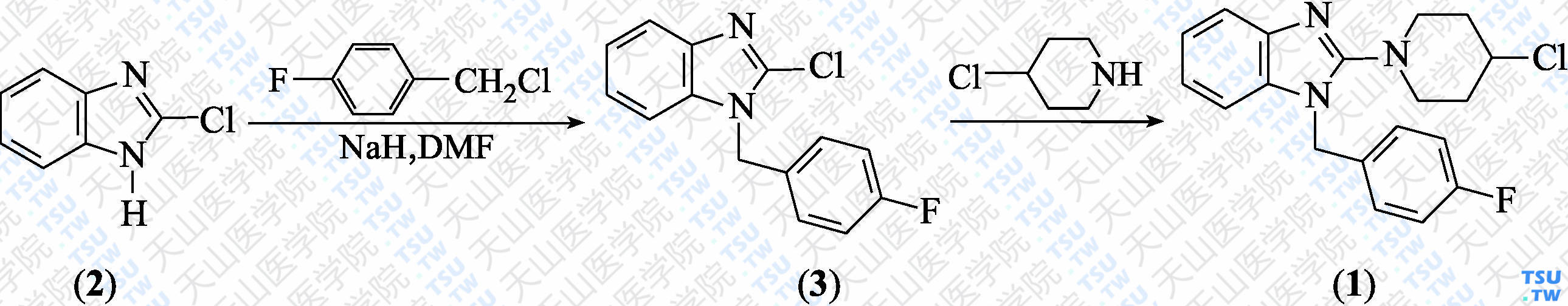 2-（4-氯哌啶基）-1-（4-氟苄基）-1<i>H</i>-苯并咪唑（分子式：C<sub>19</sub>H<sub>19</sub>ClFN<sub>3</sub>）的合成方法路线及其结构式