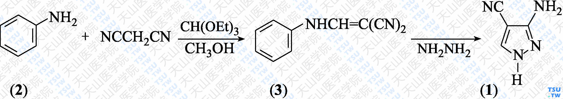 3-氨基-1<i>H</i>-4-氰基吡唑（分子式：C<sub>4</sub>H<sub>4</sub>N<sub>4</sub>）的合成方法路线及其结构式