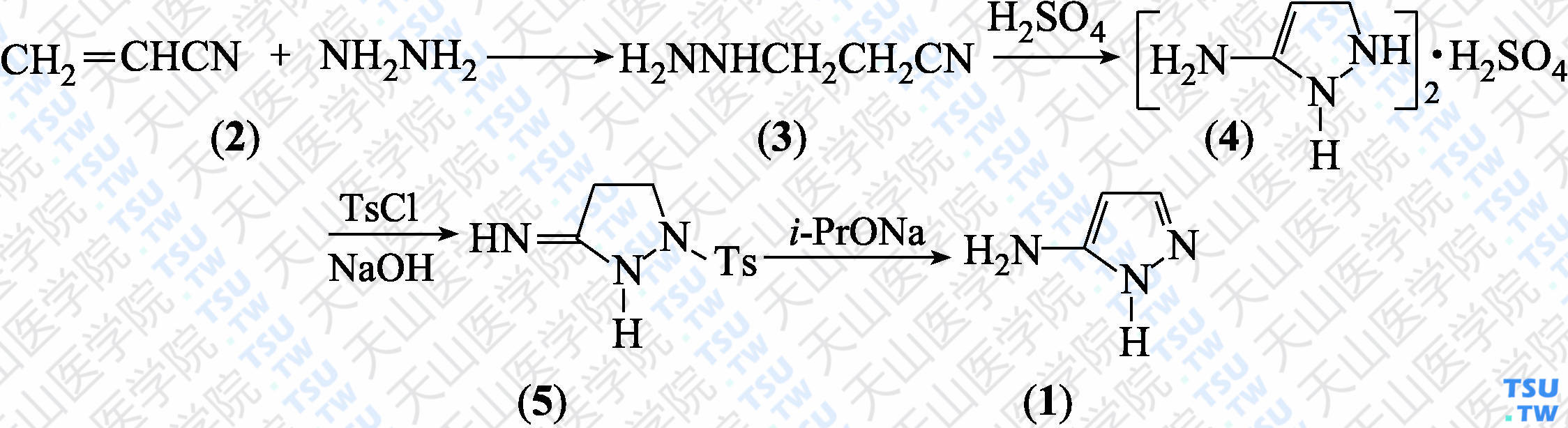 3（5）-氨基吡唑（分子式：C<sub>3</sub>H<sub>5</sub>N<sub>3</sub>）的合成方法路线及其结构式