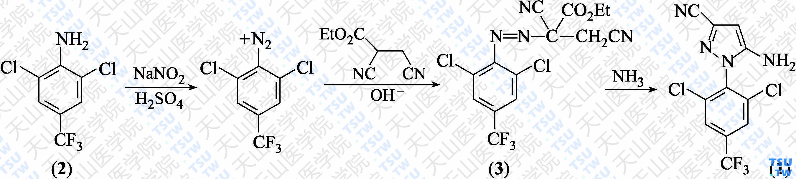 5-氨基-3-氰基-1-（2，6-二氯-4-三氟甲基苯基）吡唑（分子式：C<sub>11</sub>H<sub>5</sub>Cl<sub>2</sub>F<sub>3</sub>N<sub>4</sub>）的合成方法路线及其结构式