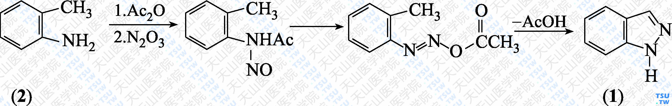 吲唑（分子式：C<sub>7</sub>H<sub>6</sub>N<sub>2</sub>）的合成方法路线及其结构式