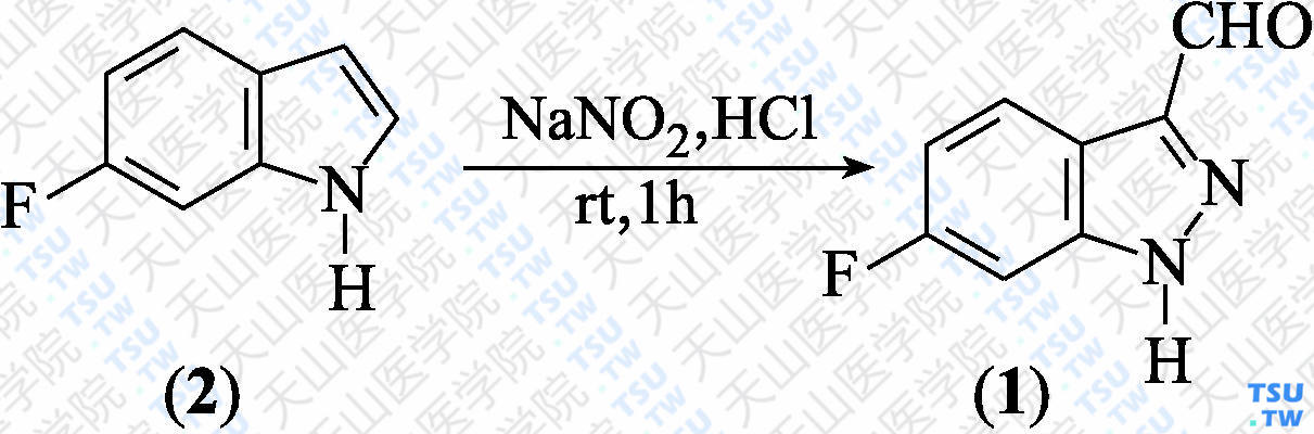 6-氟-3-甲酰基吲唑（分子式：C<sub>8</sub>H<sub>5</sub>FN<sub>2</sub>O）的合成方法路线及其结构式
