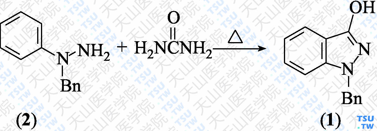 1-苄基-1<i>H</i>-吲唑-3-醇（分子式：C<sub>14</sub>H<sub>12</sub>N<sub>2</sub>O）的合成方法路线及其结构式