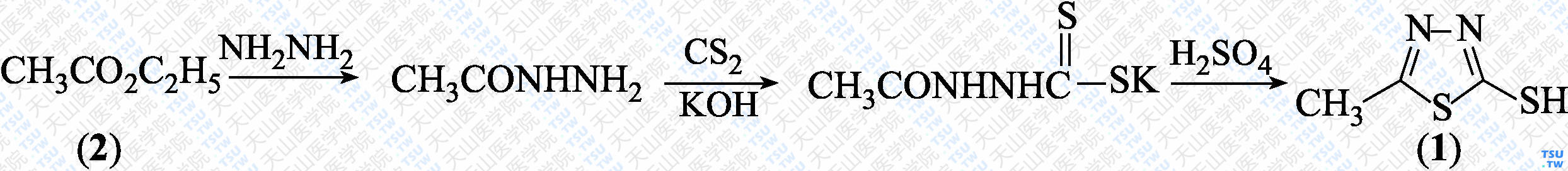 2-甲基-5-巯基-1，3，4-噻二唑（分子式：C<sub>3</sub>H<sub>4</sub>N<sub>2</sub>S<sub>2</sub>）的合成方法路线及其结构式