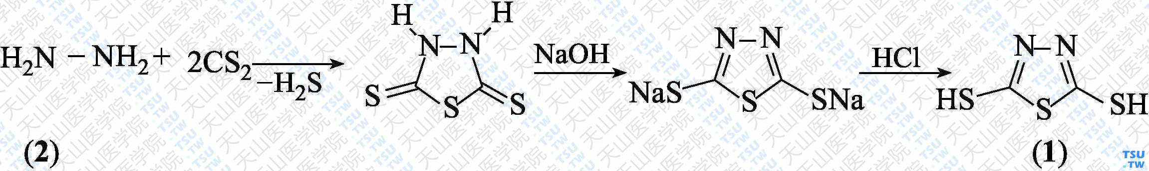 2，5-二巯基-1，3，4-噻二唑（分子式：C<sub>2</sub>H<sub>2</sub>N<sub>2</sub>S<sub>3</sub>）的合成方法路线及其结构式
