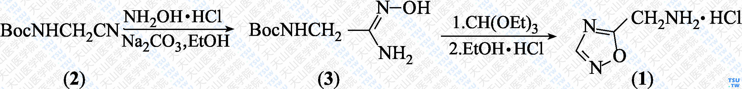 1，2，4-噁二唑-3-基甲胺盐酸盐（分子式：C<sub>3</sub>H<sub>5</sub>N<sub>3</sub>O·HCl）的合成方法路线及其结构式