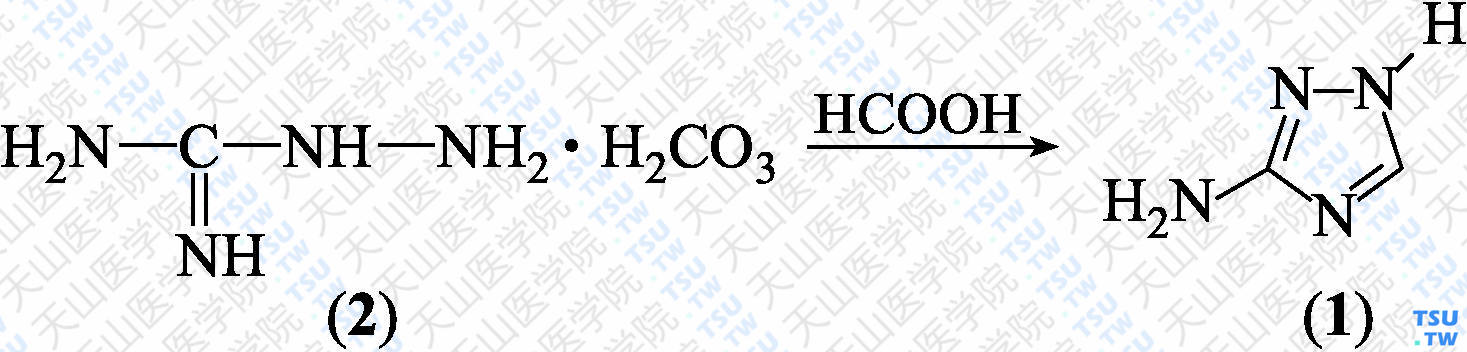 3-氨基-1，2，4-三氮唑（分子式：C<sub>2</sub>H<sub>4</sub>N<sub>4</sub>）的合成方法路线及其结构式