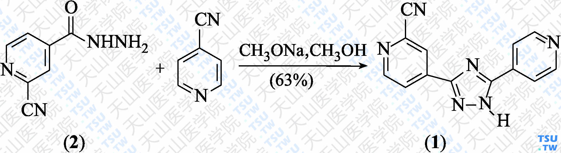 托匹司他（分子式：C<sub>13</sub>H<sub>8</sub>N<sub>6</sub>）的合成方法路线及其结构式