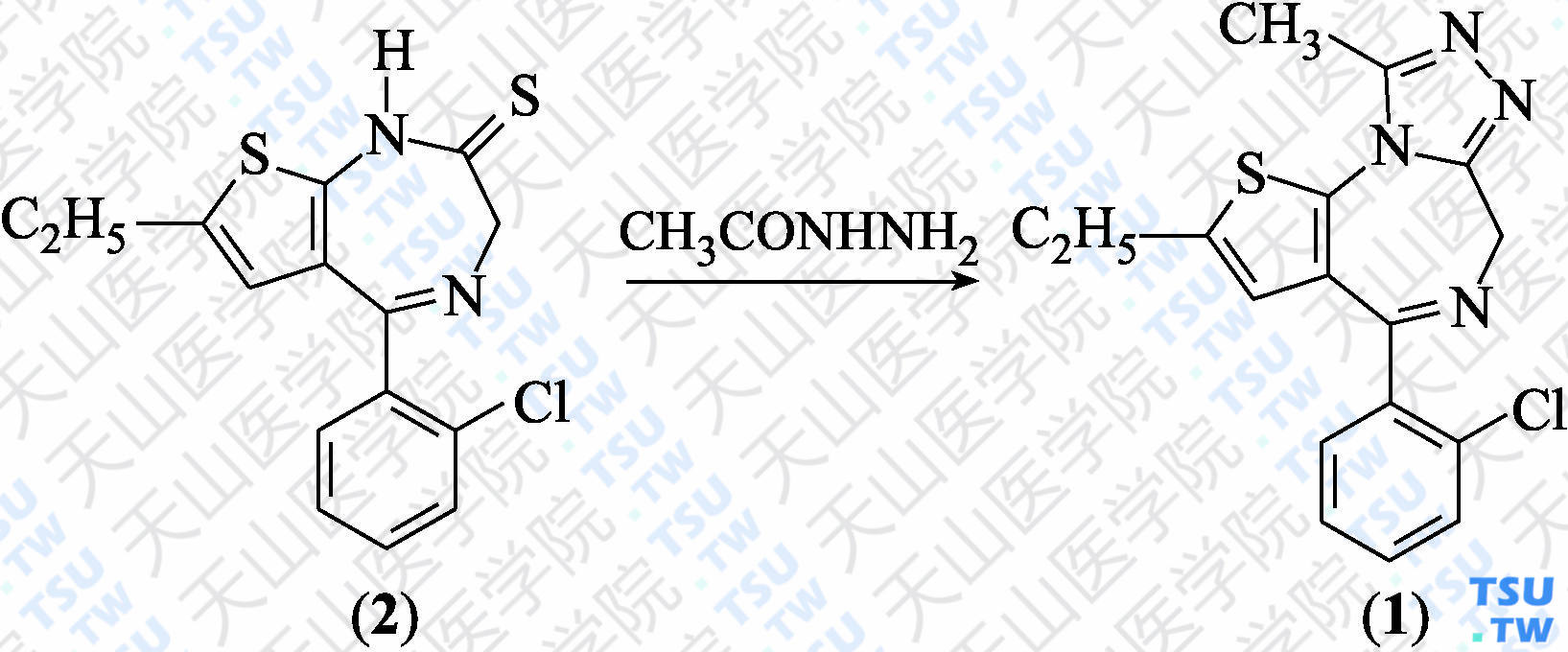 依替唑仑（分子式：C<sub>17</sub>H<sub>15</sub>ClN<sub>4</sub>S）的合成方法路线及其结构式