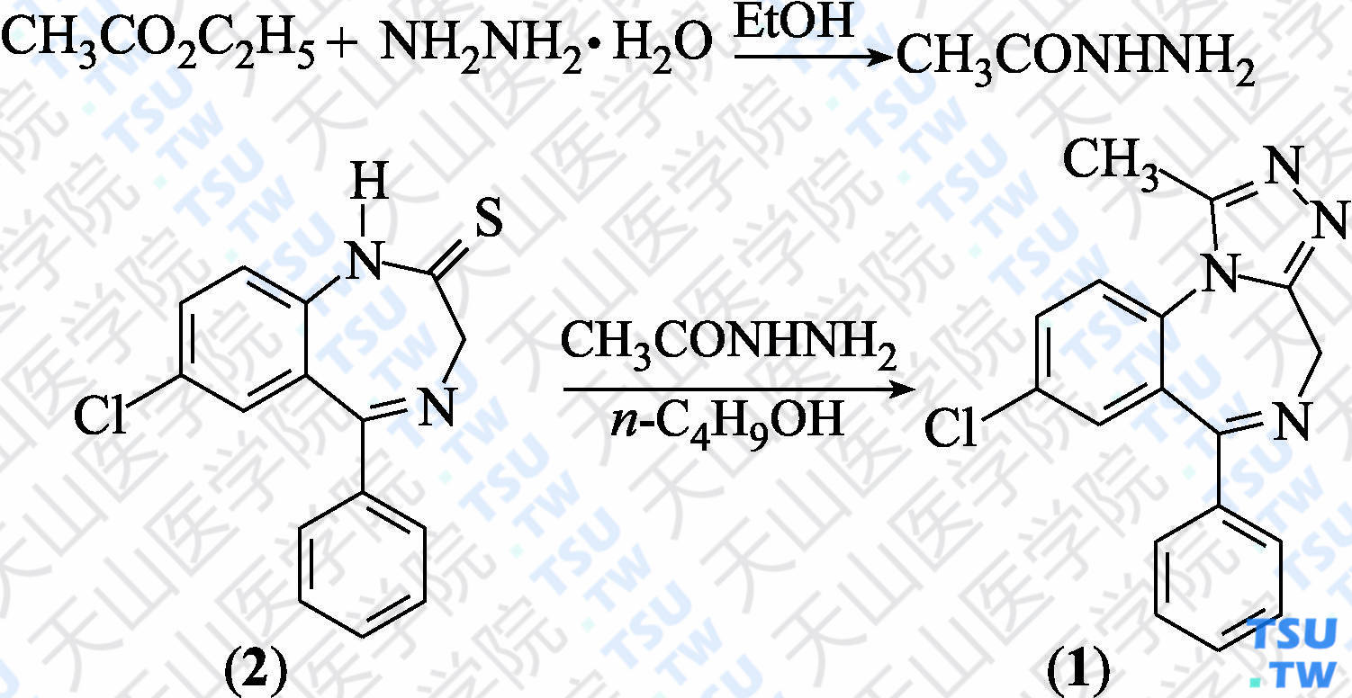 阿普唑仑（分子式：C<sub>17</sub>H<sub>13</sub>ClN<sub>4</sub>）的合成方法路线及其结构式