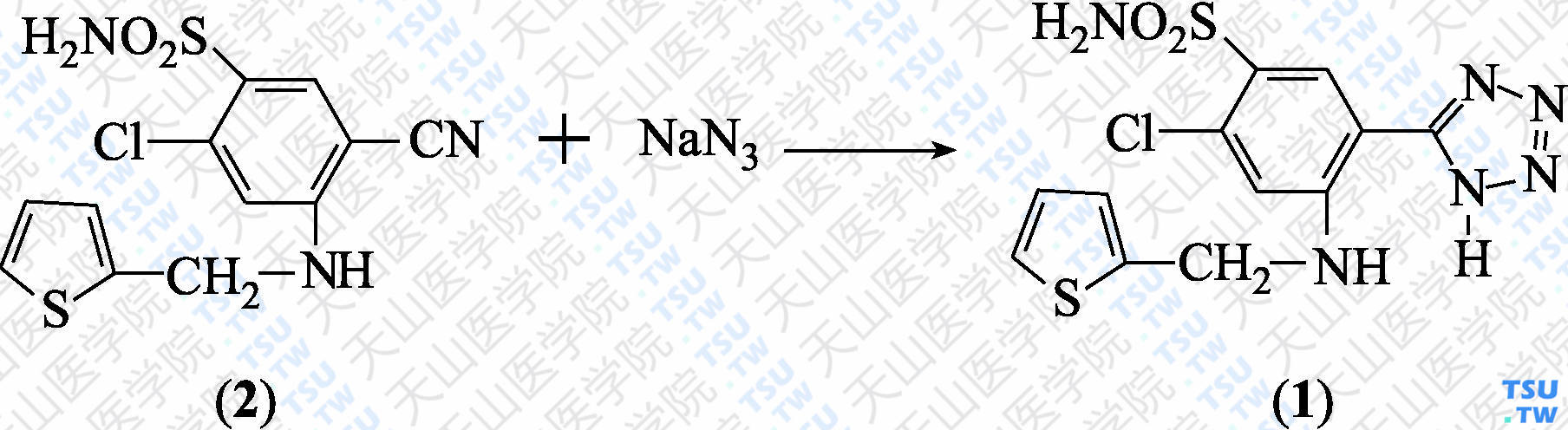 阿佐塞米（分子式：C<sub>12</sub>H<sub>11</sub>ClN<sub>8</sub>O<sub>2</sub>S<sub>2</sub>）的合成方法路线及其结构式