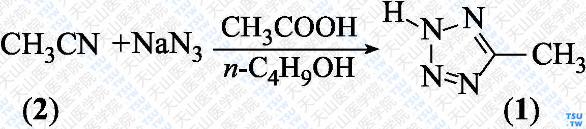 5-甲基-1<i>H</i>-四唑（分子式：C<sub>2</sub>H<sub>4</sub>N<sub>4</sub>）的合成方法路线及其结构式