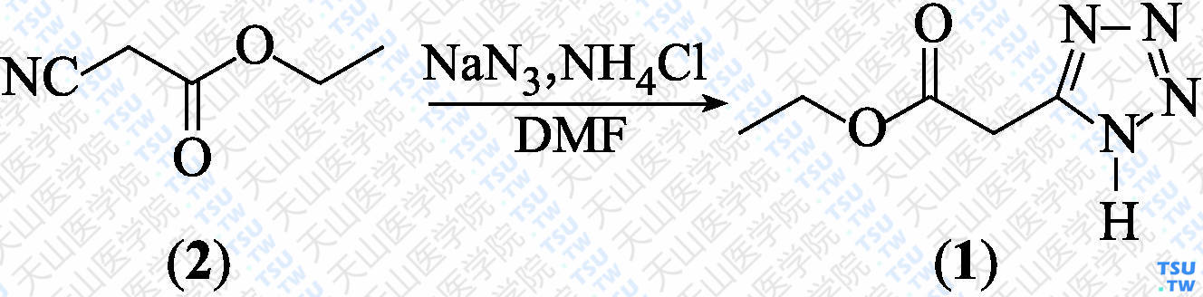 5-乙氧羰甲基-1<i>H</i>-四唑（分子式：C<sub>5</sub>H<sub>8</sub>N<sub>4</sub>O<sub>2</sub>）的合成方法路线及其结构式