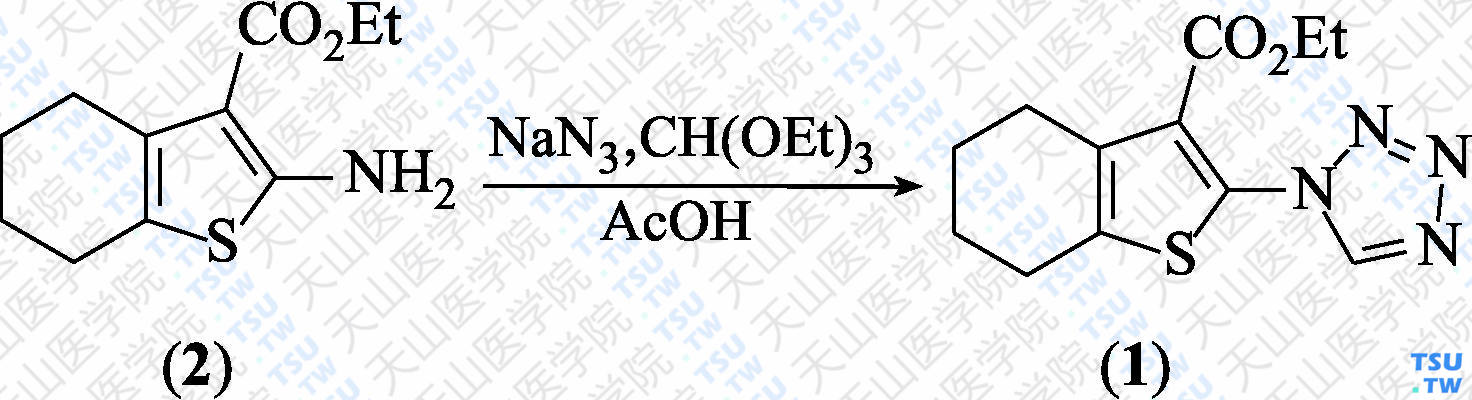 2-（1<i>H</i>-四唑-1-基）-4，5，6，7-四氢-1-苯并噻吩-3-羧酸乙酯（分子式：C<sub>12</sub>H<sub>14</sub>N<sub>4</sub>O<sub>2</sub>S）的合成方法路线及其结构式