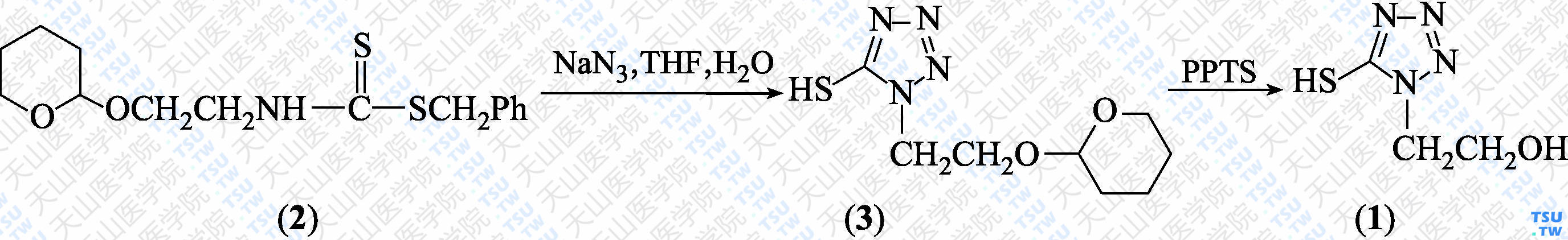 1-羟乙基-5-巯基-1<i>H</i>-四唑（分子式：C<sub>3</sub>H<sub>6</sub>N<sub>4</sub>O<sub>S</sub>）的合成方法路线及其结构式