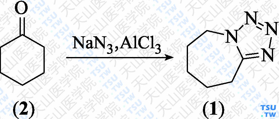 1，5-五亚甲基四唑（分子式：C<sub>6</sub>H<sub>10</sub>N<sub>4</sub>）的合成方法路线及其结构式