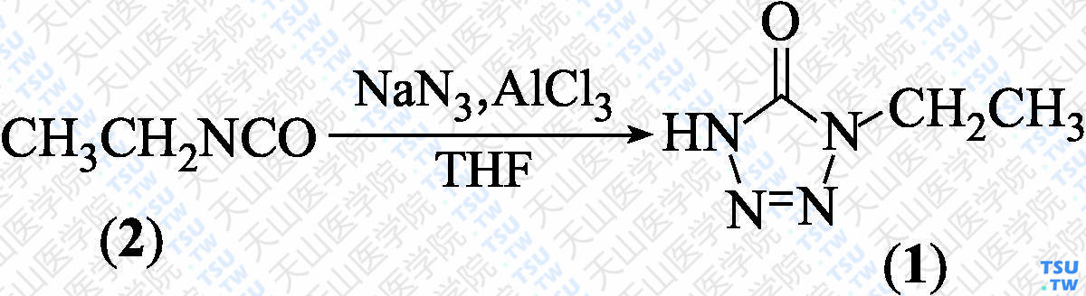 1-乙基-1，4-二氢-5<i>H</i>-四唑-5-酮（分子式：C<sub>3</sub>H<sub>6</sub>N<sub>4</sub>OS）的合成方法路线及其结构式