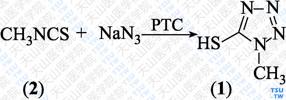 1-甲基-5-巯基-1<i>H</i>-四唑（分子式：C<sub>2</sub>H<sub>4</sub>N<sub>4</sub>S）的合成方法路线及其结构式
