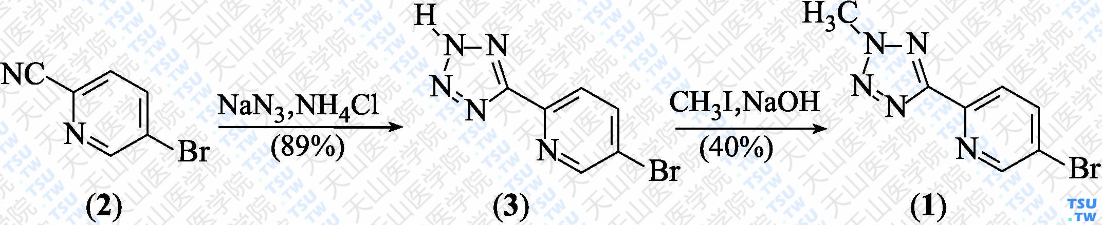 5-溴-2-（2-甲基-2<i>H</i>-四唑-5-基）吡啶（分子式：C<sub>7</sub>H<sub>6</sub>BrN<sub>5</sub>）的合成方法路线及其结构式