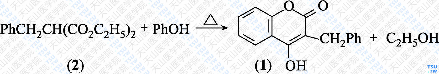 3-苄基-4-羟基香豆素（分子式：C<sub>16</sub>H<sub>12</sub>O<sub>3</sub>）的合成方法路线及其结构式