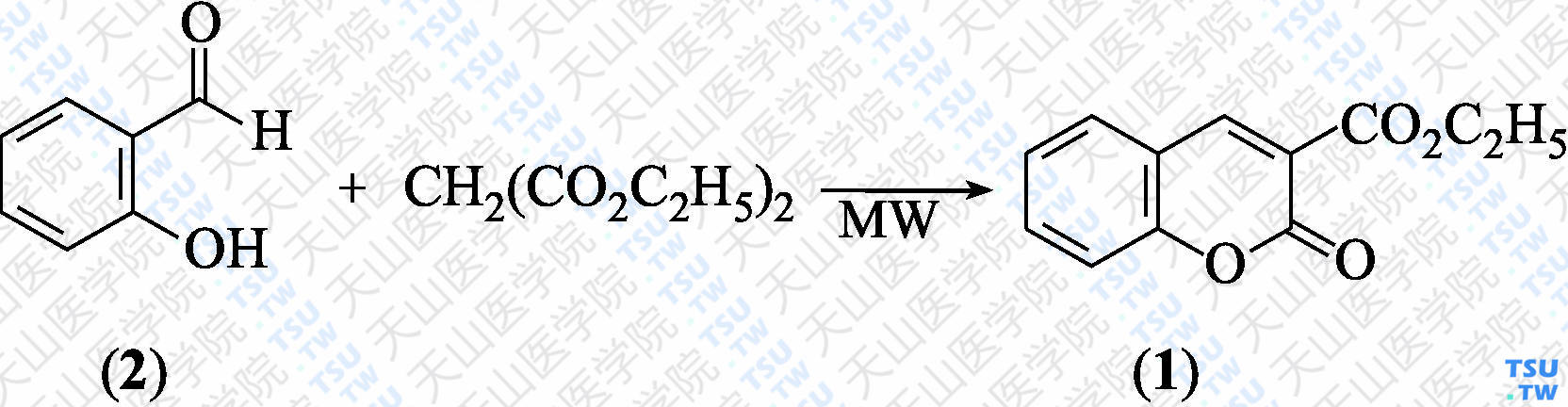 香豆素-3-羧酸乙酯（分子式：C<sub>12</sub>H<sub>10</sub>O<sub>4</sub>）的合成方法路线及其结构式